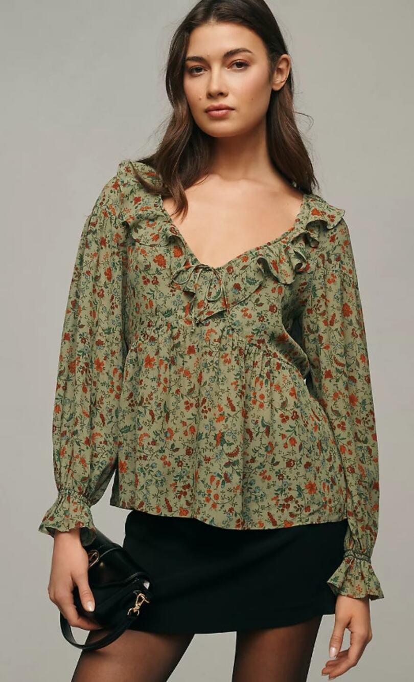NWT Reformation Green Floral Wyn Ruffled Long Sleeve Blouse - Size 4